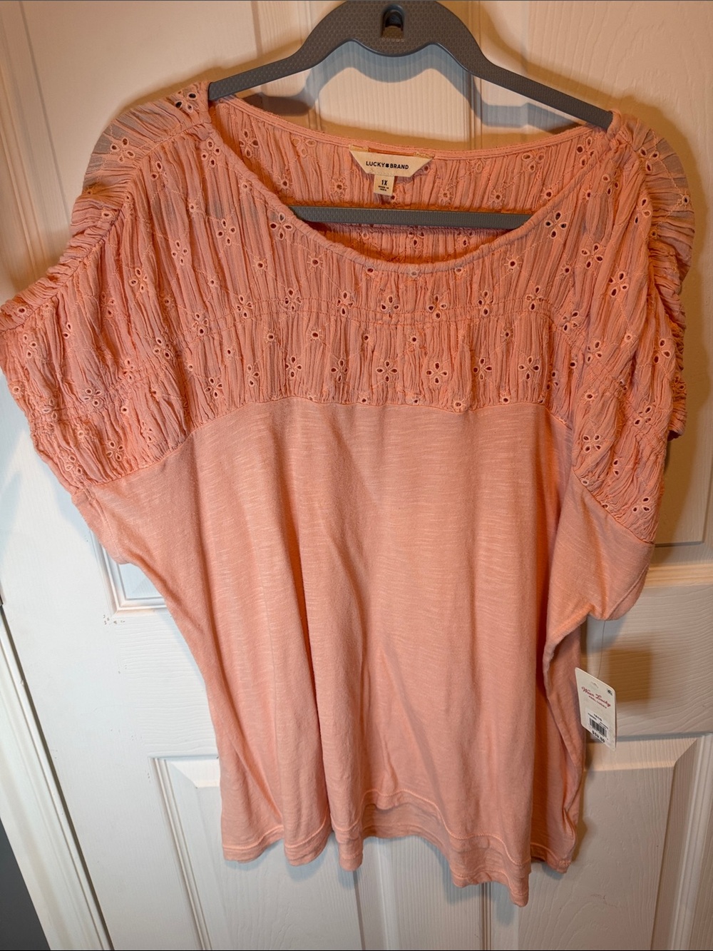 Lucky Brand Peach Eyelet Yoke Split-Sleeve Tunic